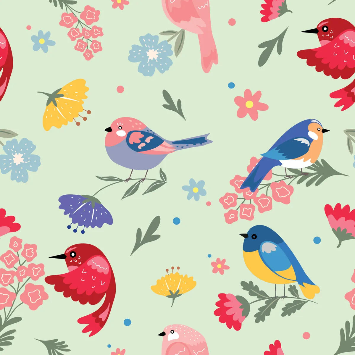 Cute Spring Birds Seamless Pattern