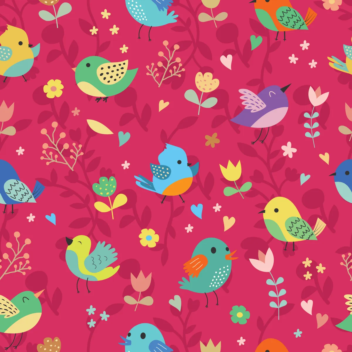 Spring Birds Flowers And Leaves Seamless Pattern
