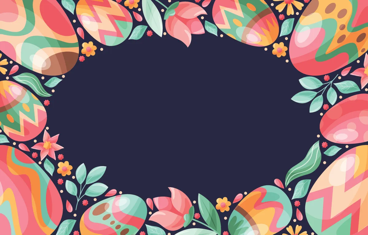 Easter Egg Doodle Pattern And Foliage Background