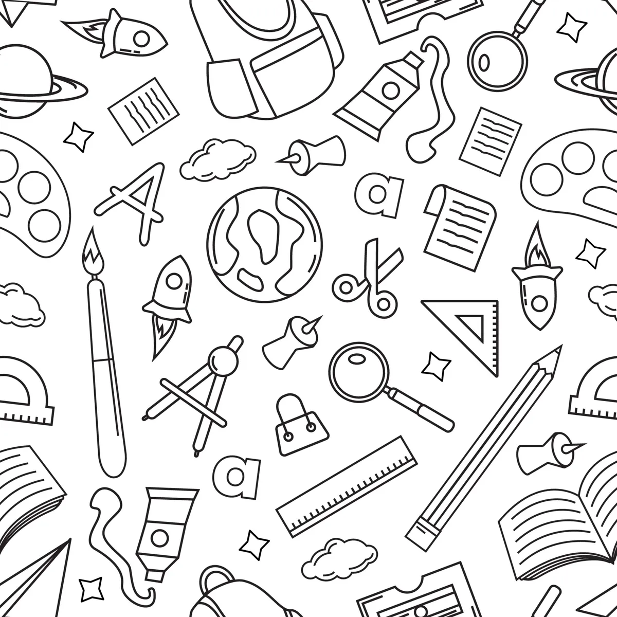 School Supply Outline Seamless Pattern