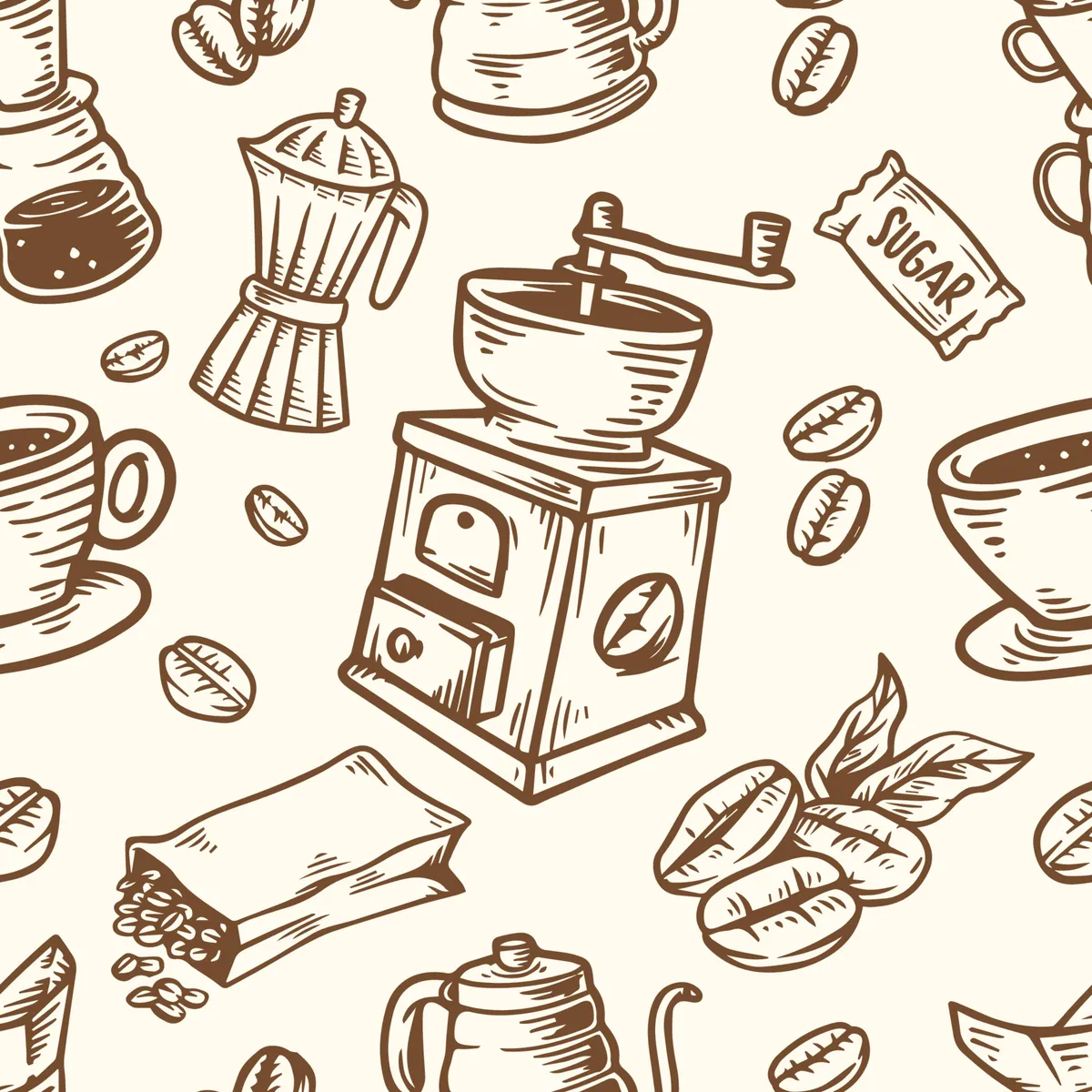 Hand Drawing Coffee Doodle Seamless Pattern Background