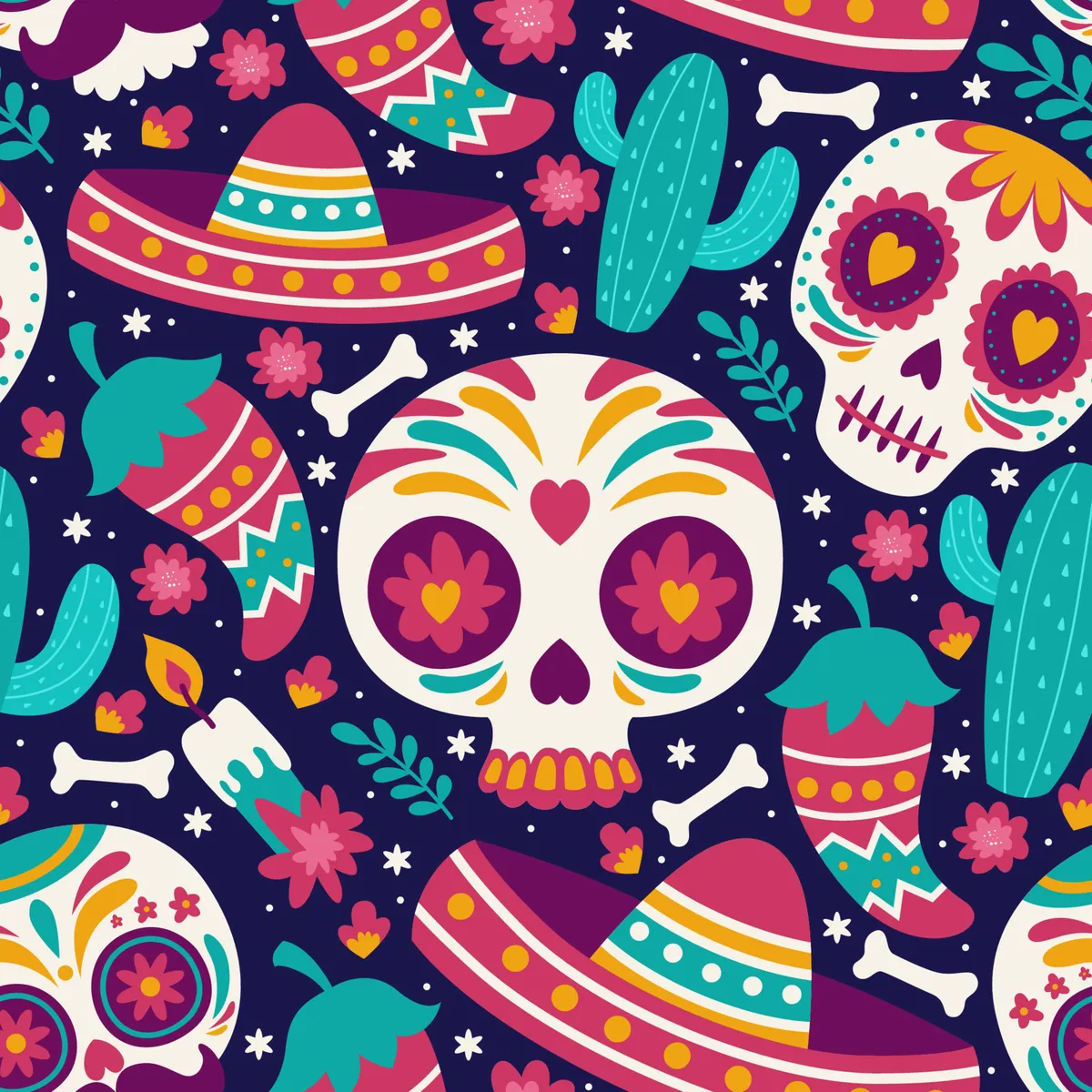 Calavera Sugar Skull Doodle Element Seamless Pattern