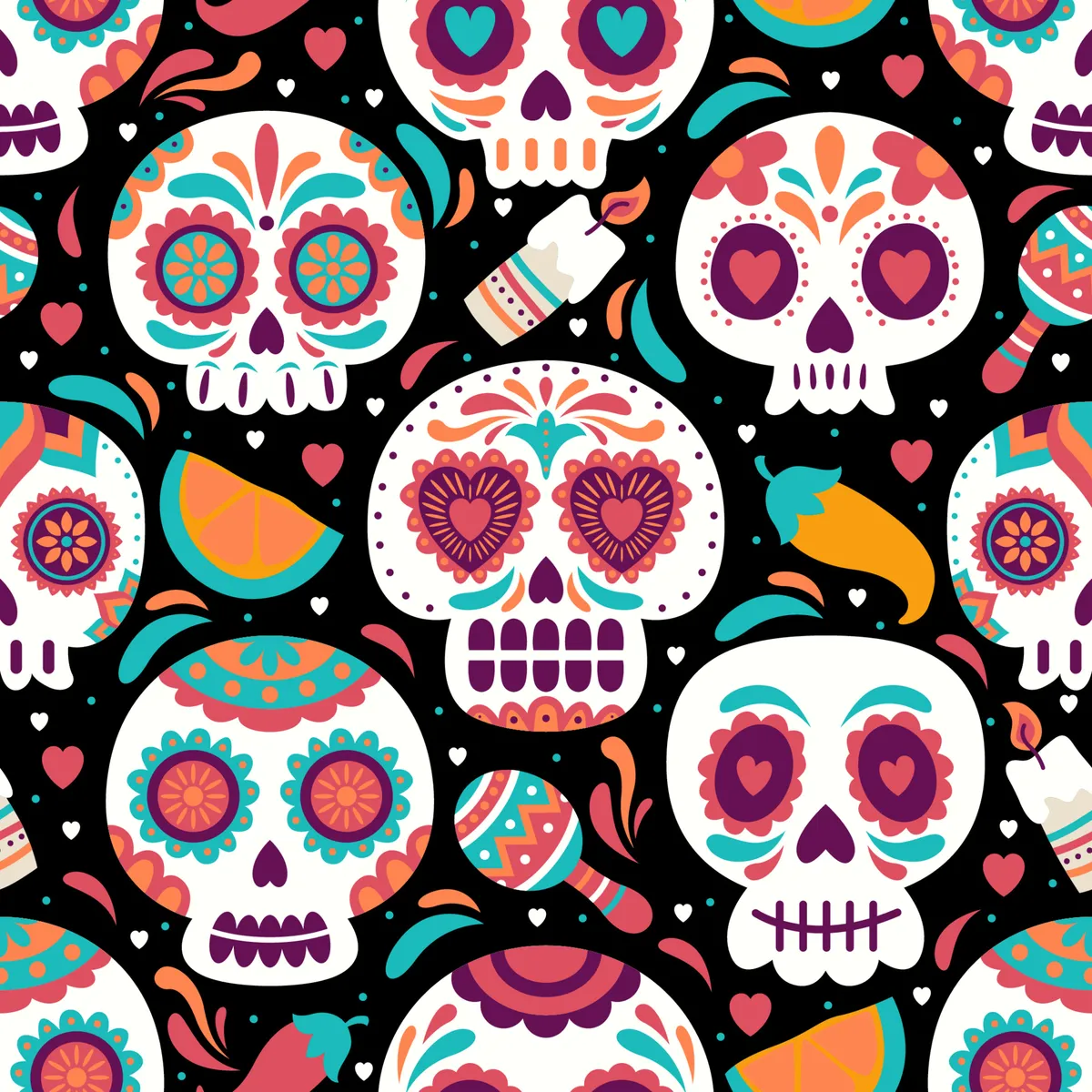 Calavera Sugar Skull Doodle Seamless Pattern