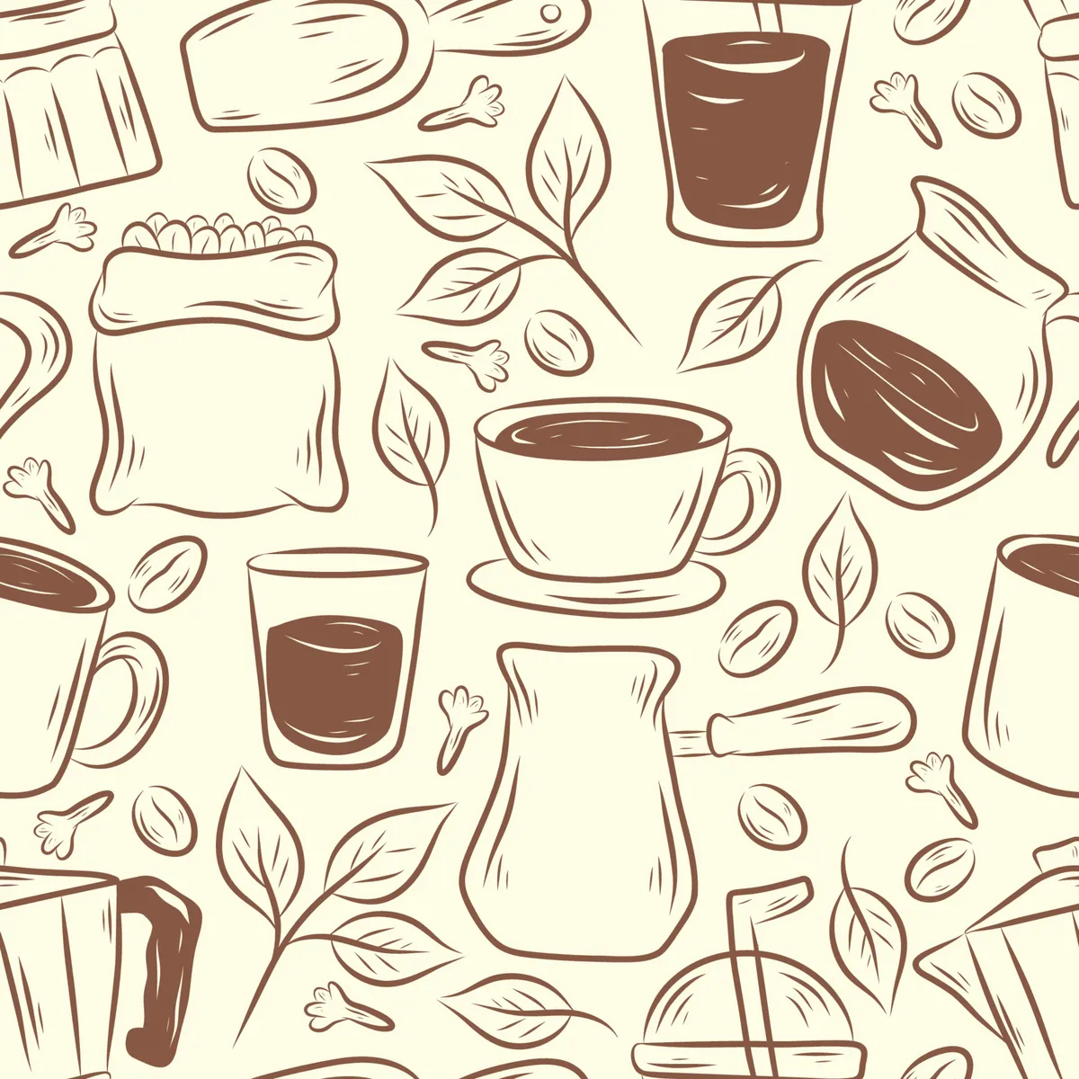 Coffee Outline Hand Drawn Seamless Pattern Background