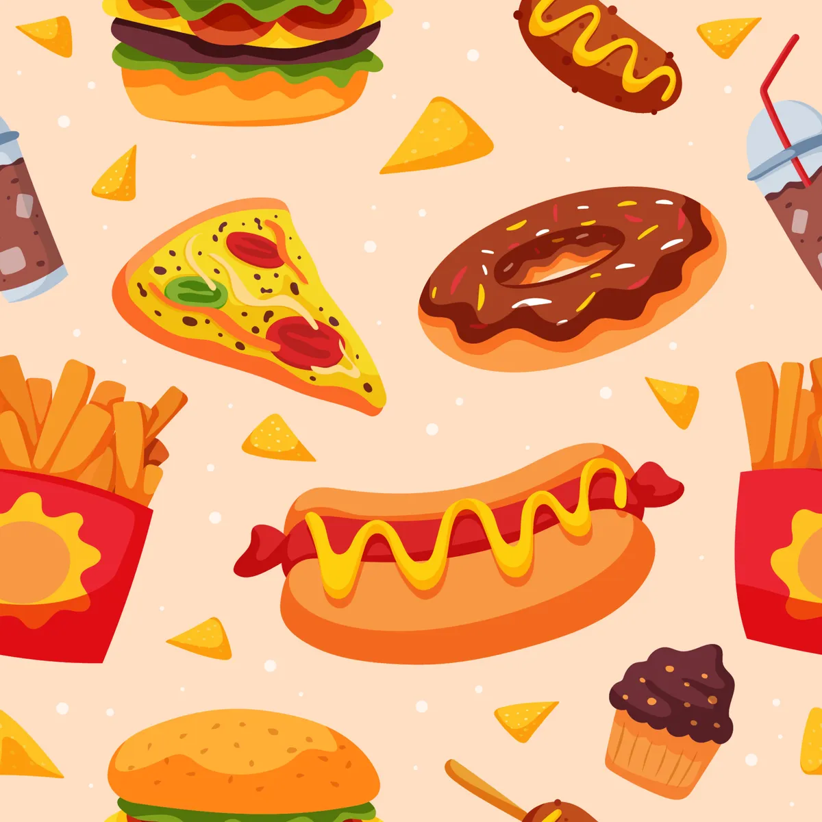 Junk Food and Drink Seamless Pattern