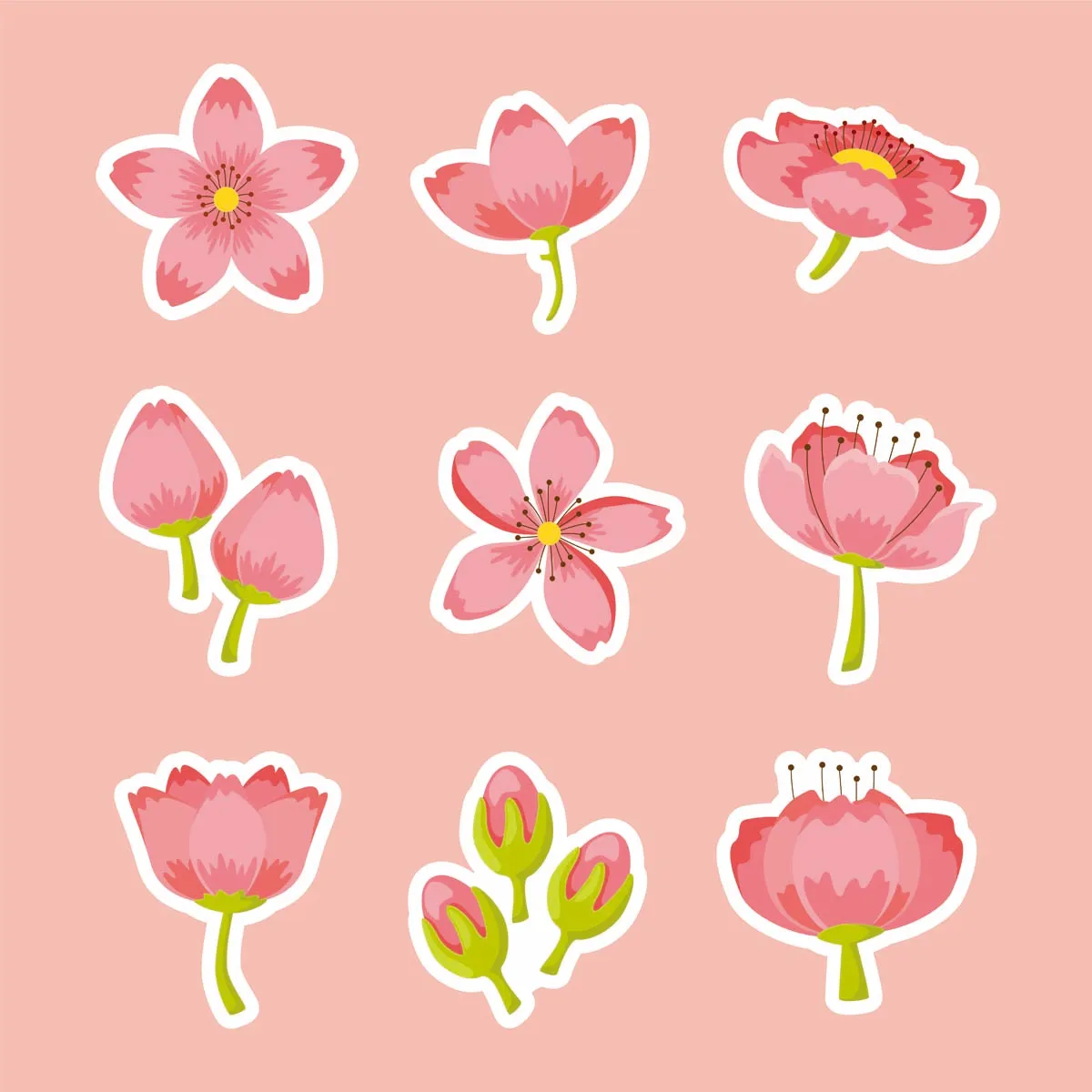 Peach Blossom Sticker Set in Flat Style