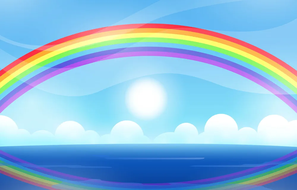 Seascape with Rainbow on Cloudy Sky Background