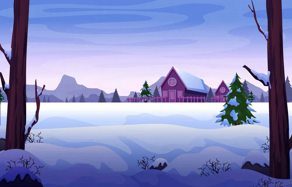 Winter Landscape with Cottage and Trees Background