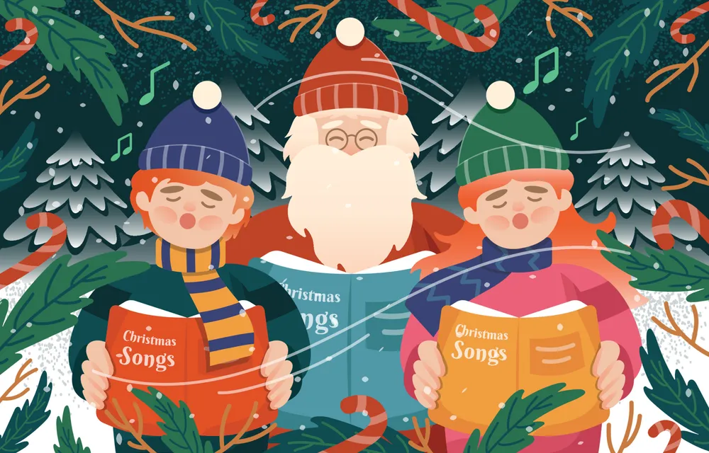 Kids and Santa Claus Singing Christmas Carols Background Template