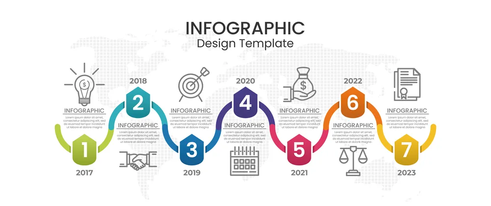 Colorful Timeline Infographic With Icon and World Map Silhouette Template