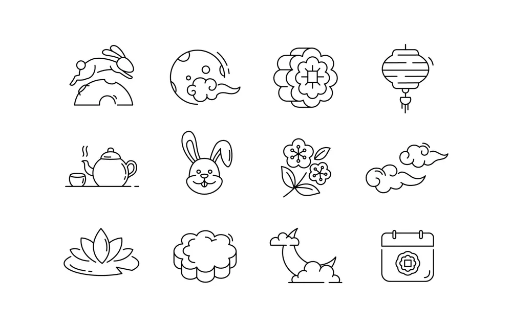 Mid Autumn Festival Line Icons Set