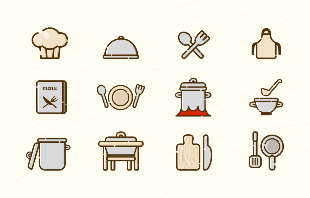 Cute Catering Icon Set with Outline Style