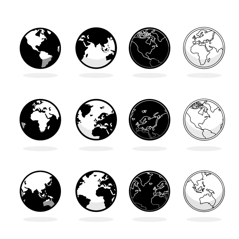 Black and White World Globe Icon Set