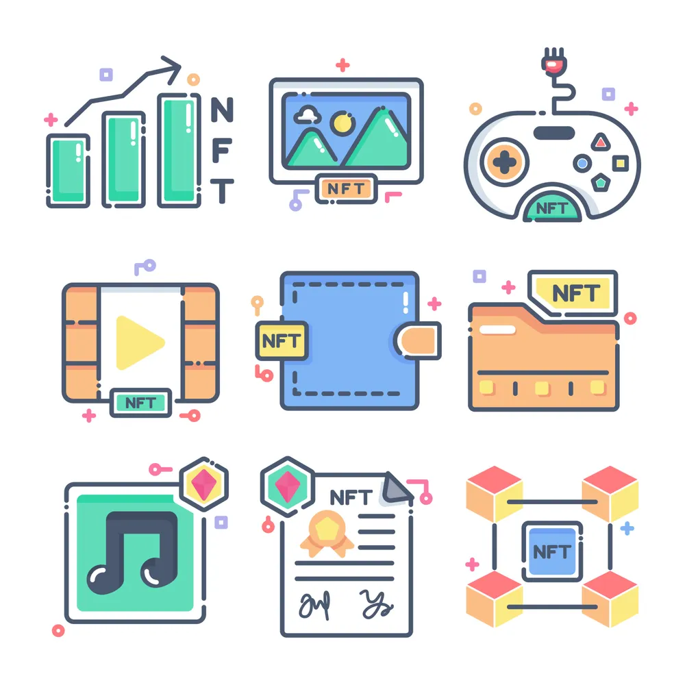 Colorful NFT Non Fungible Token Technology Icon set