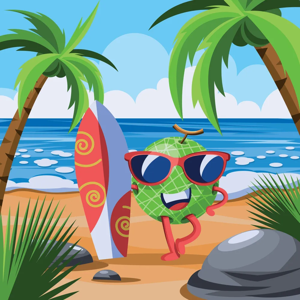 Watermelon Character with Surfboard in the each