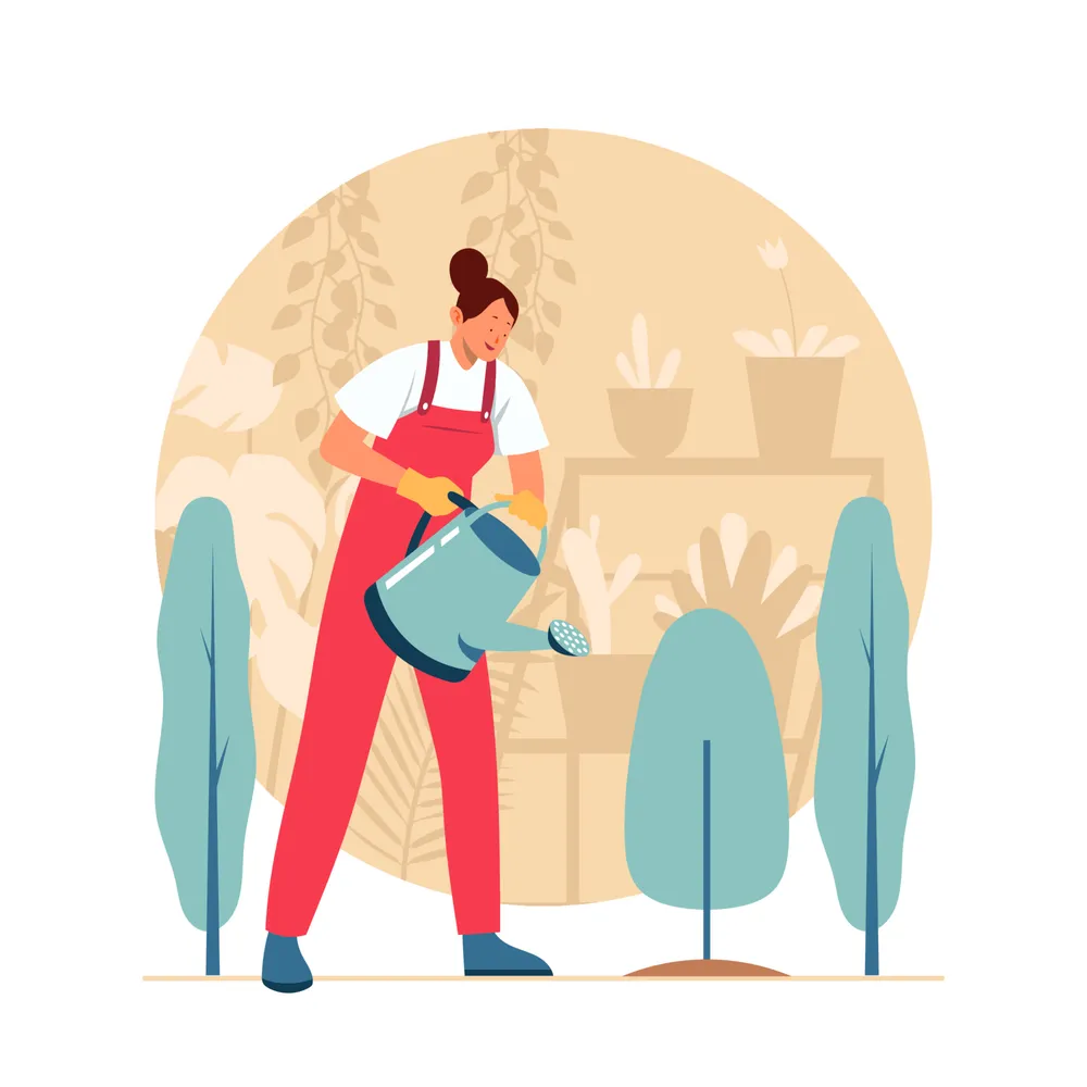 Woman Watering Flower Garden